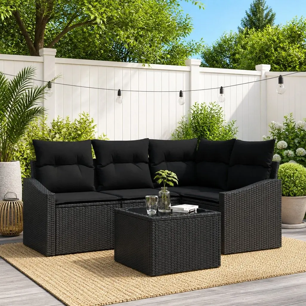 5-Piece Black Poly Rattan Outdoor Sofa Set