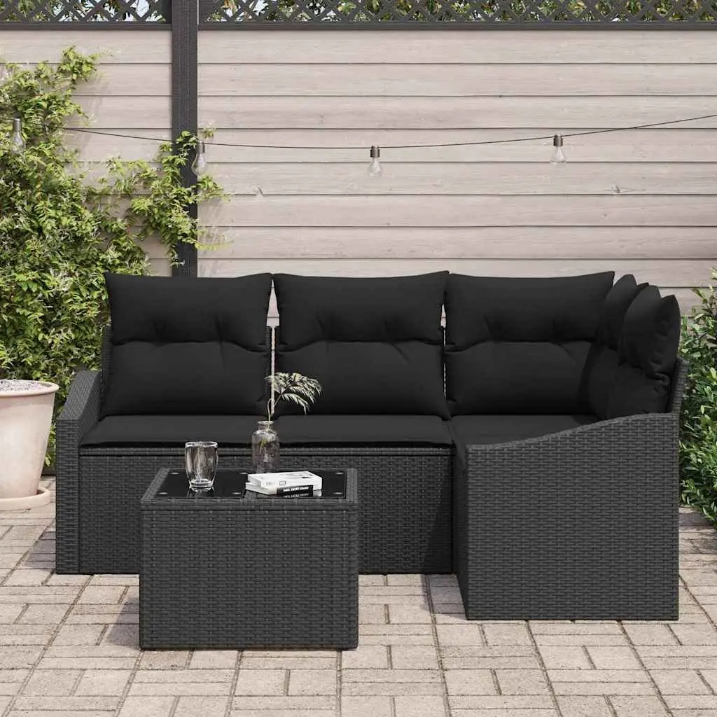 5-Piece Black Poly Rattan Outdoor Sofa Set