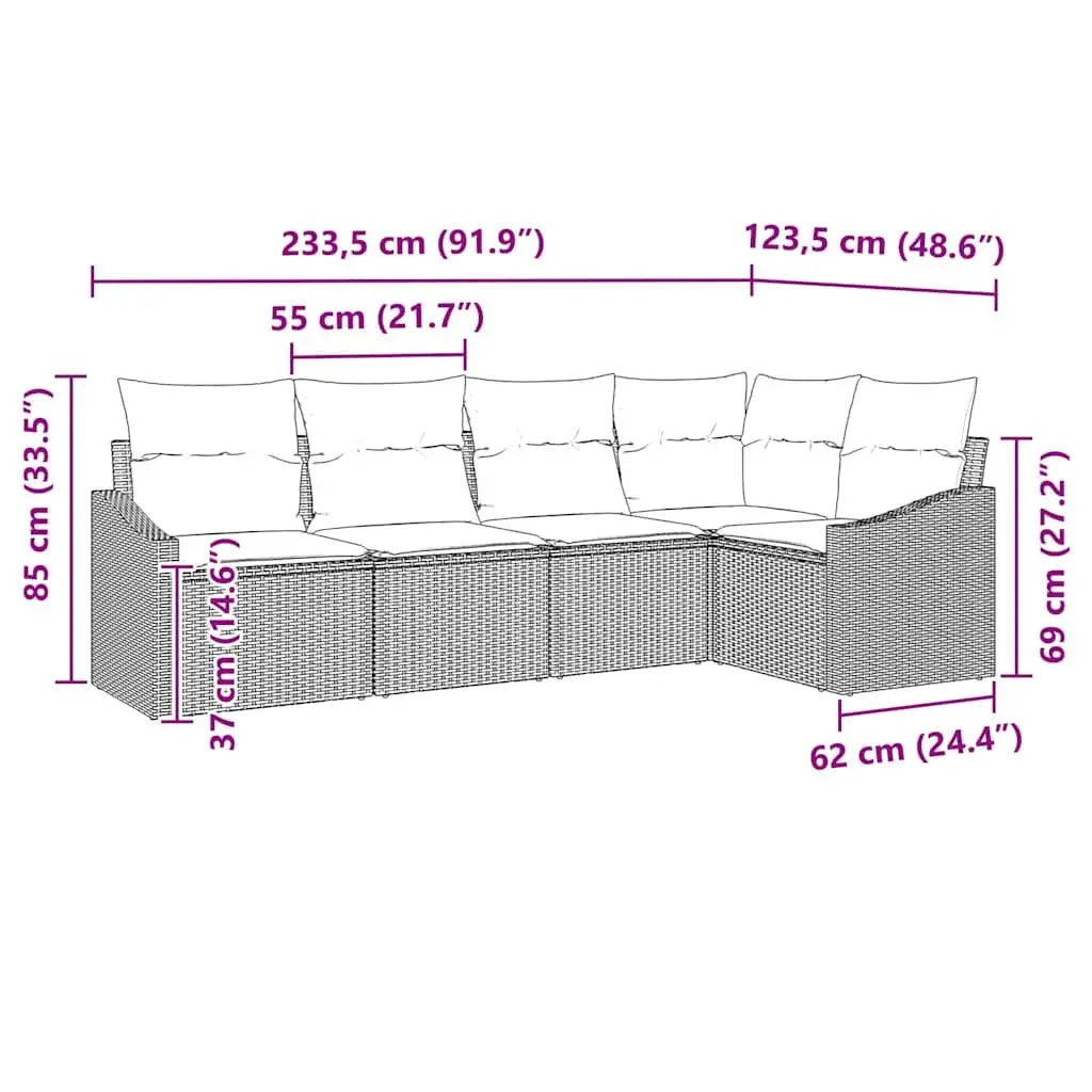 5 Piece Grey Poly Rattan Outdoor Sofa Set