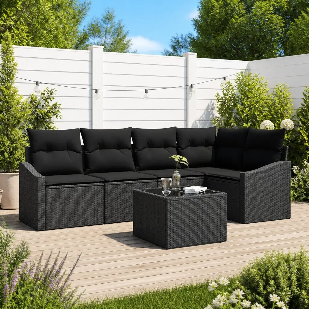 Black Poly Rattan 6-Piece Outdoor Sofa Set with Cushions
