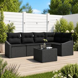 Black Poly Rattan 6-Piece Outdoor Sofa Set with Cushions