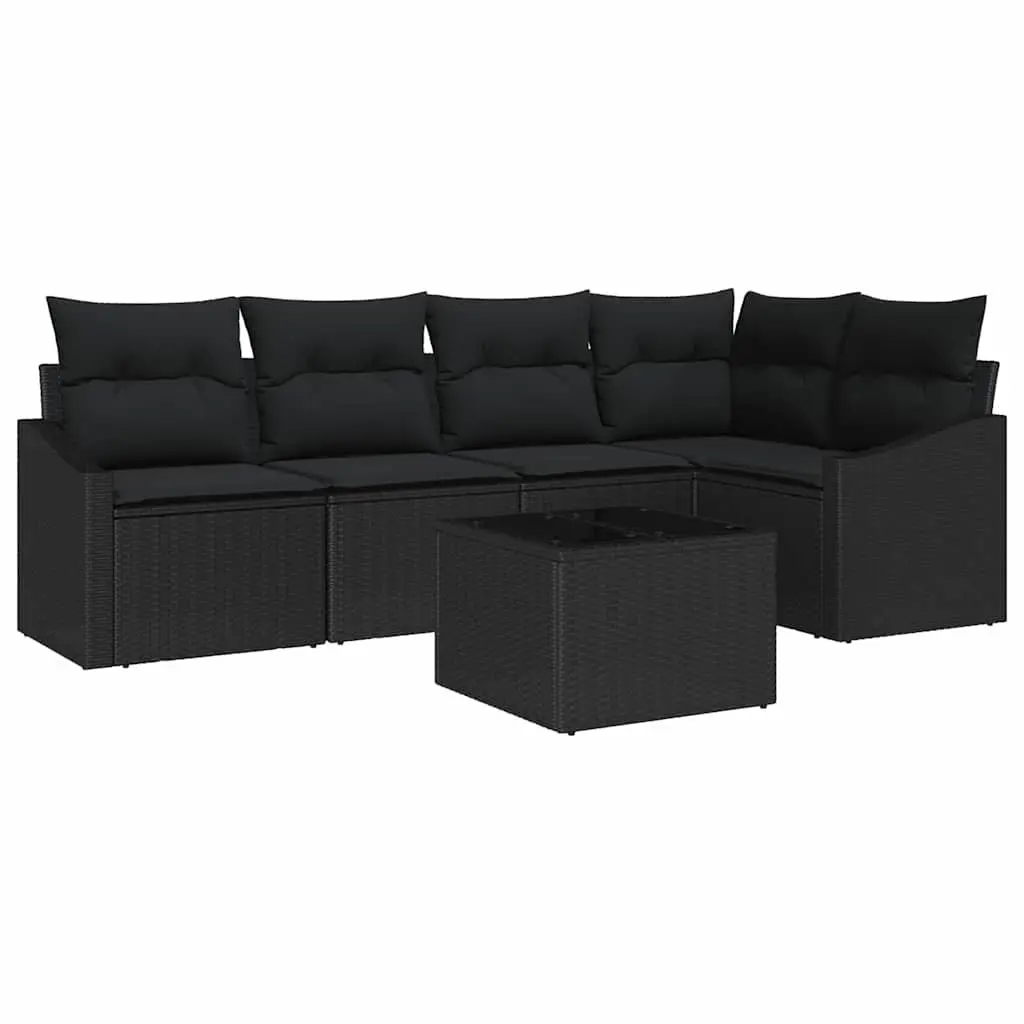 Black Poly Rattan 6-Piece Outdoor Sofa Set with Cushions