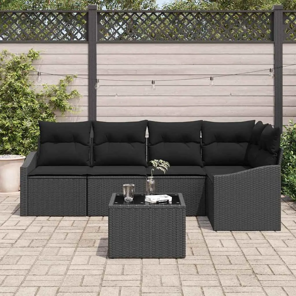 Black Poly Rattan 6-Piece Outdoor Sofa Set with Cushions