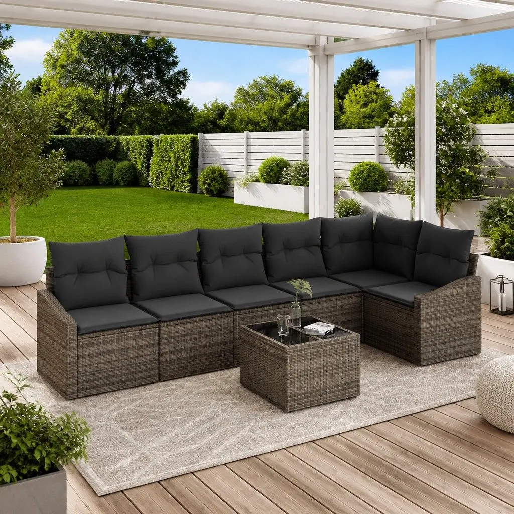 7-Piece Light Grey Poly Rattan Garden Sofa Set