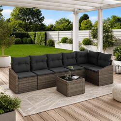 7-Piece Light Grey Poly Rattan Garden Sofa Set