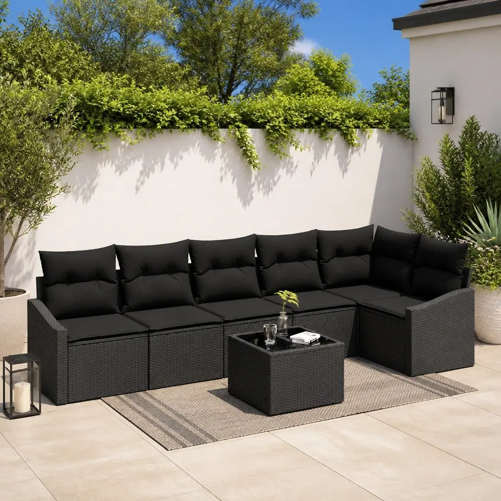 7-Piece Black Poly Rattan Outdoor Sofa Set