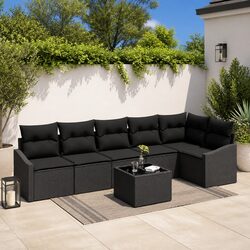 Stylish 7-Piece Black Poly Rattan Outdoor Sofa Set
