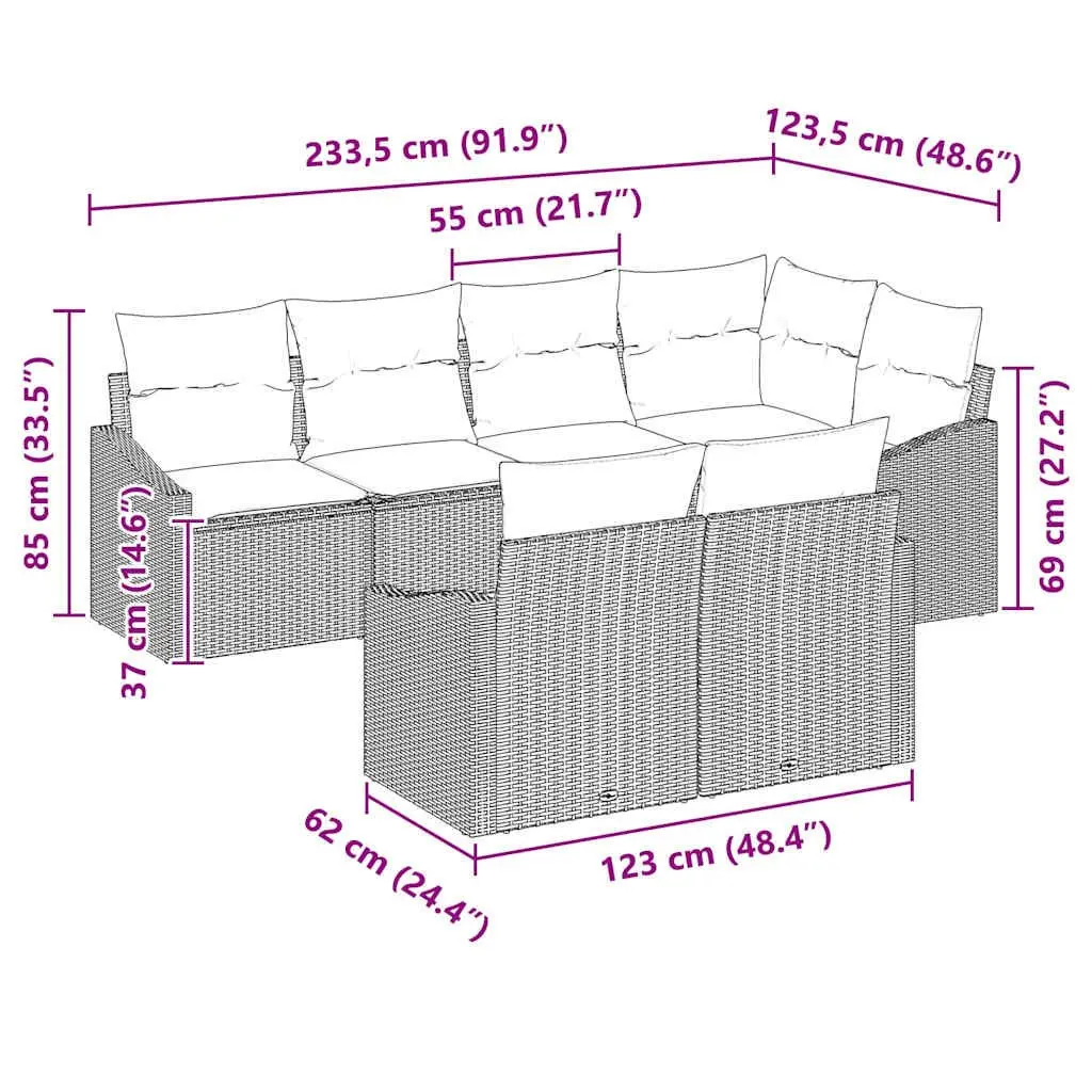 7-Piece Black Poly Rattan Garden Sofa Set