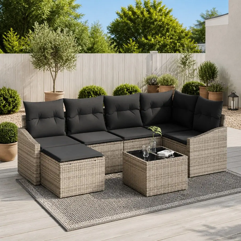 Garden Dining Set Poly Rattan 7 Piece Light Grey Outdoor Patio Table Chairs