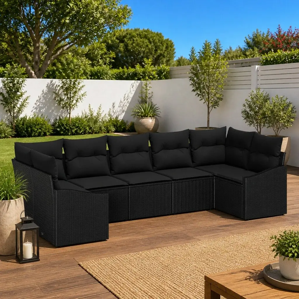 Outdoor Garden Sofa Set Poly Rattan 7 Pieces Black Modular Seating with Storage