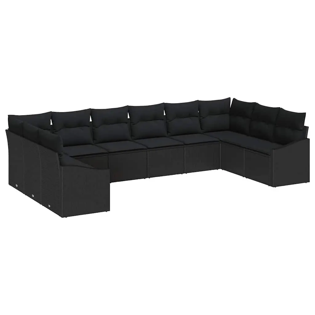 Outdoor Sofa Set Poly Rattan Acacia Wood 10 Piece Modular Cushioned Black