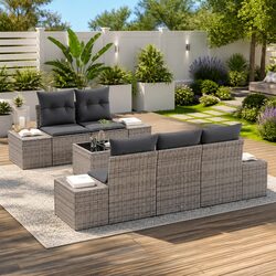 Durable Grey Poly Rattan Garden Sofa Set with Glass Table