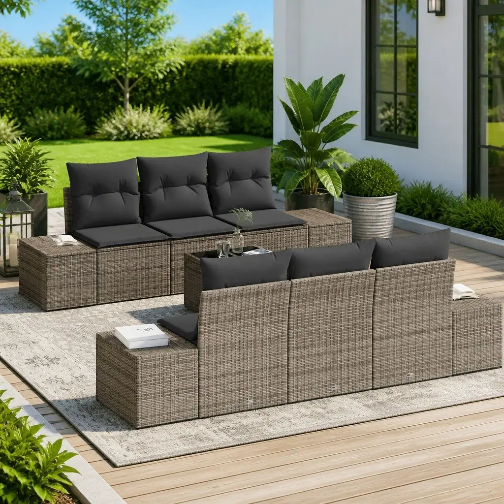 8-Piece Grey Poly Rattan Garden Sofa Set with Cushions
