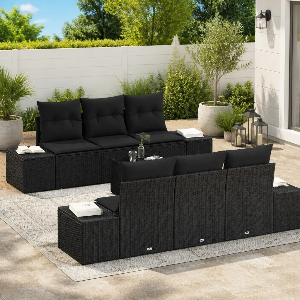 Outdoor Garden Sofa Set Poly Rattan 8 Piece Black with Cushions Glass Table