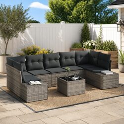 8-Piece Grey Poly Rattan Outdoor Sofa Set with Glass Table