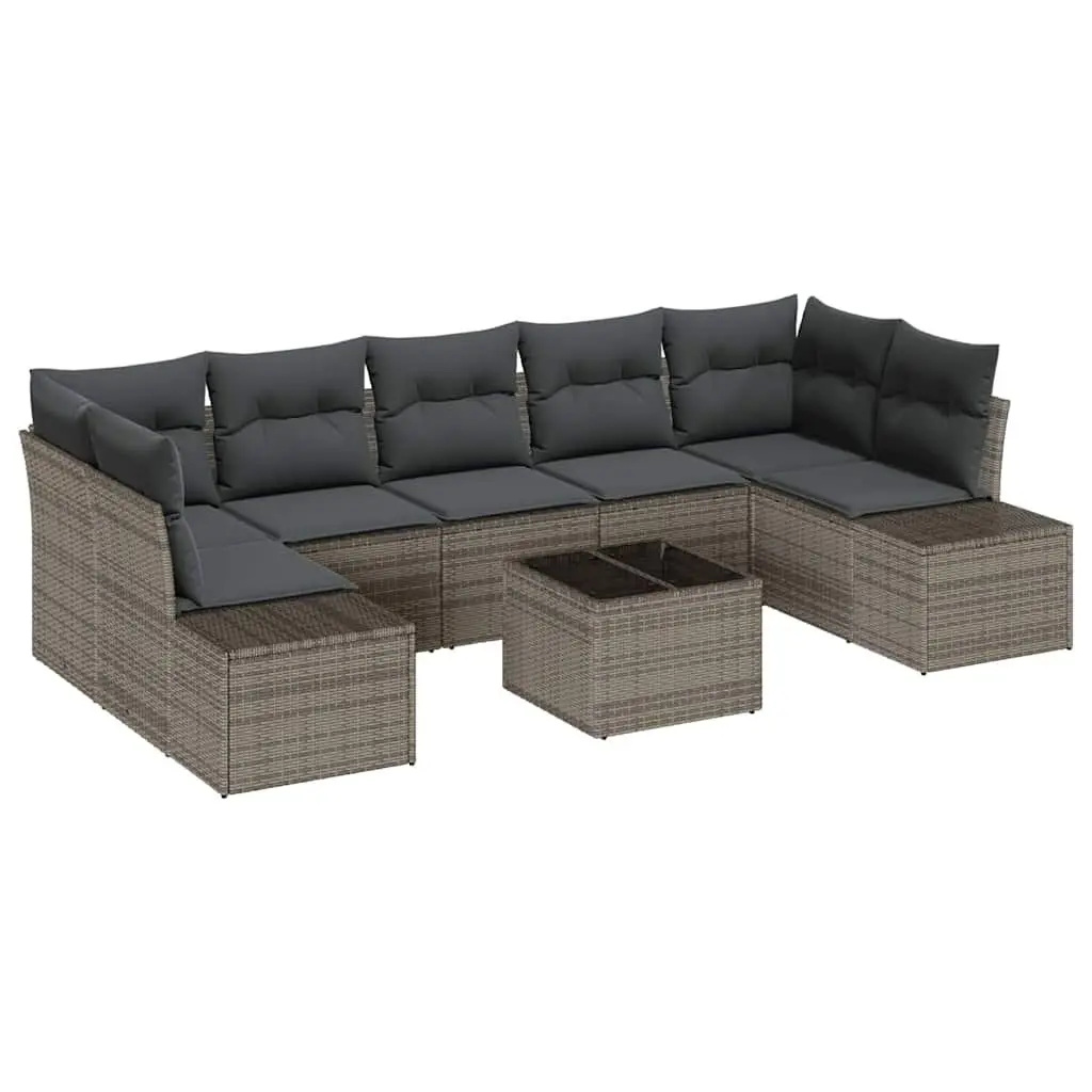 8-Piece Grey Poly Rattan Outdoor Sofa Set with Glass Table