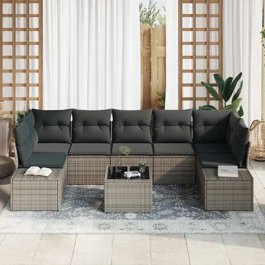8-Piece Grey Poly Rattan Outdoor Sofa Set with Glass Table