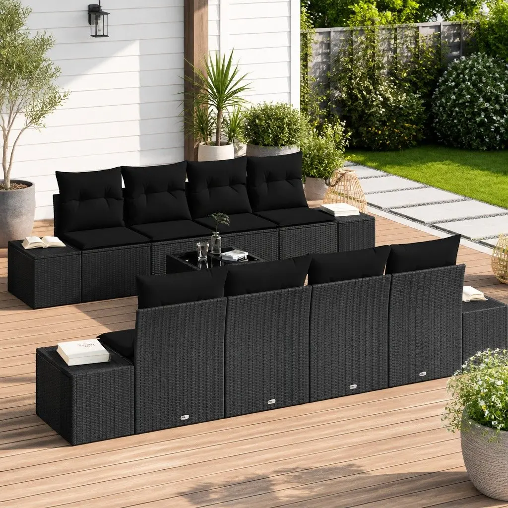 8-Piece Black Poly Rattan Garden Sofa Set