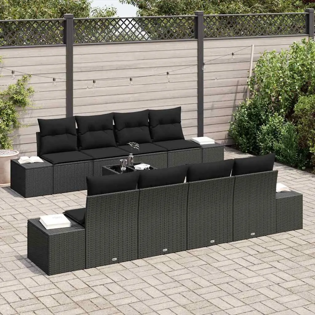 8-Piece Black Poly Rattan Garden Sofa Set