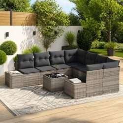 Durable 9-Piece Grey Poly Rattan Garden Sofa Set