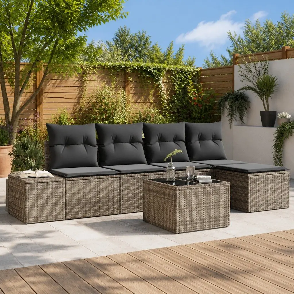 5 Piece Modular Light Grey Poly Rattan Garden Sofa Set