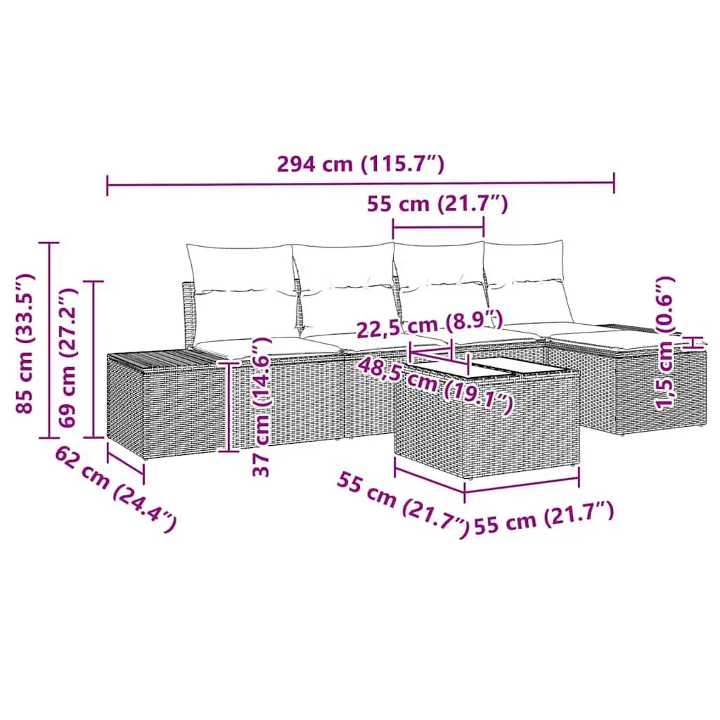 Modular Outdoor Garden Sofa Set 5 pcs Black Rattan