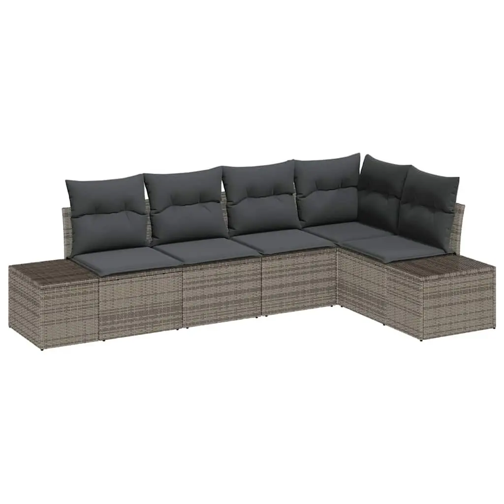 Outdoor Garden Sofa Set Poly Rattan Solid Acacia Wood 5 Piece Grey