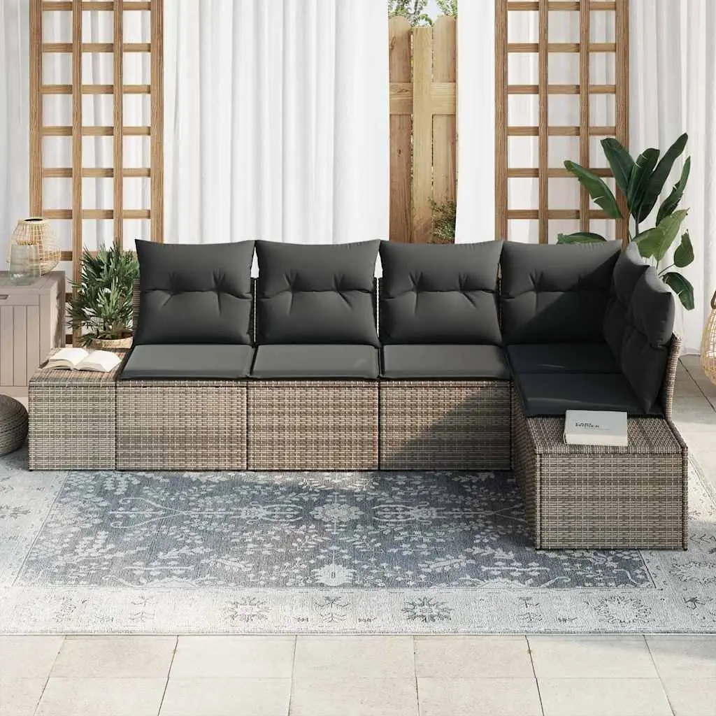 Outdoor Garden Sofa Set Poly Rattan Solid Acacia Wood 5 Piece Grey