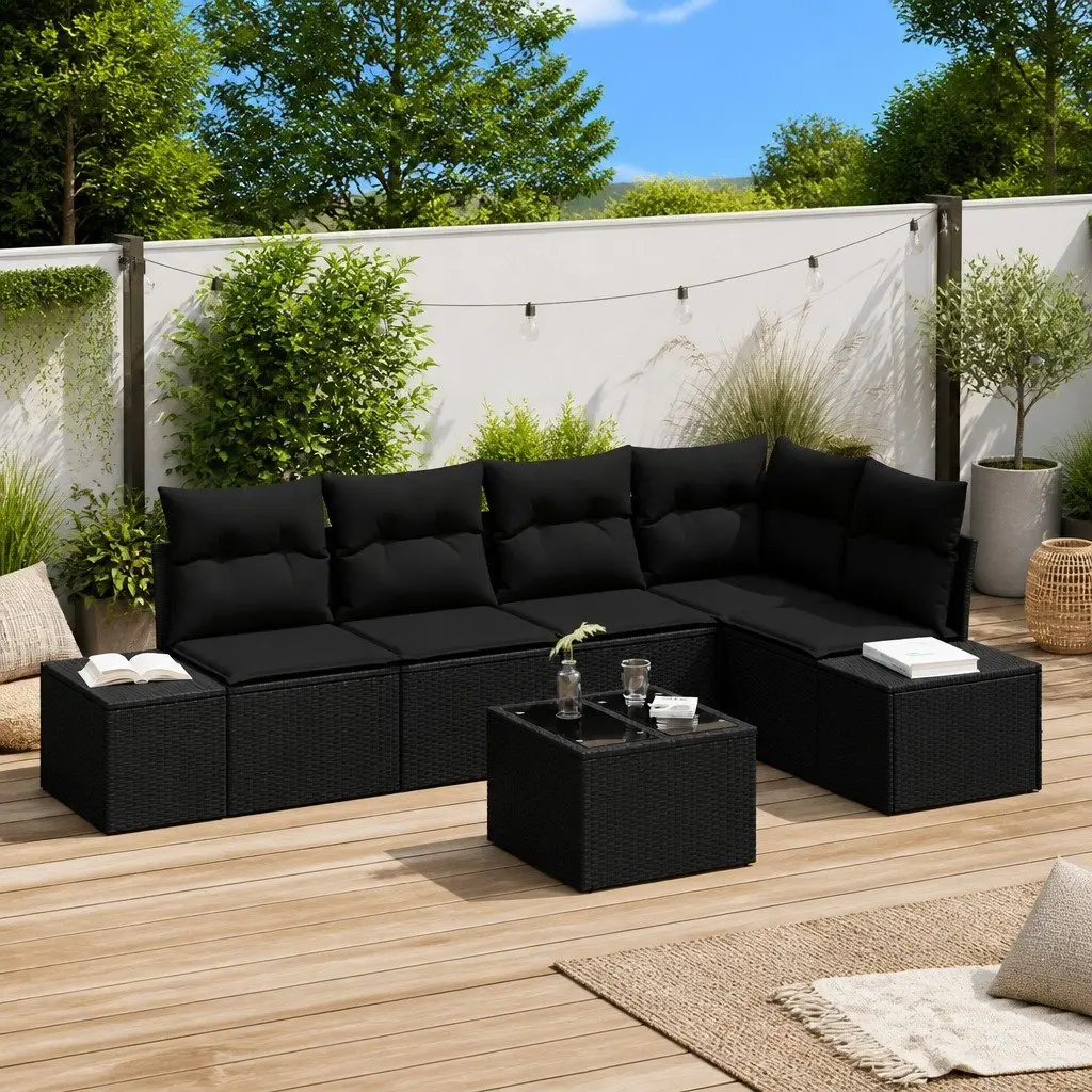 Garden Sofa Set Poly Rattan Solid Acacia Wood Modular Outdoor Furniture Black