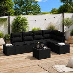 Modular Black Poly Rattan Garden Sofa Set with Acacia Accents