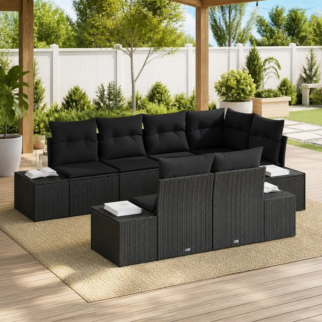 Modular Garden Sofa Set Poly Rattan 7 Pieces Black Acacia Wood Outdoor Seating