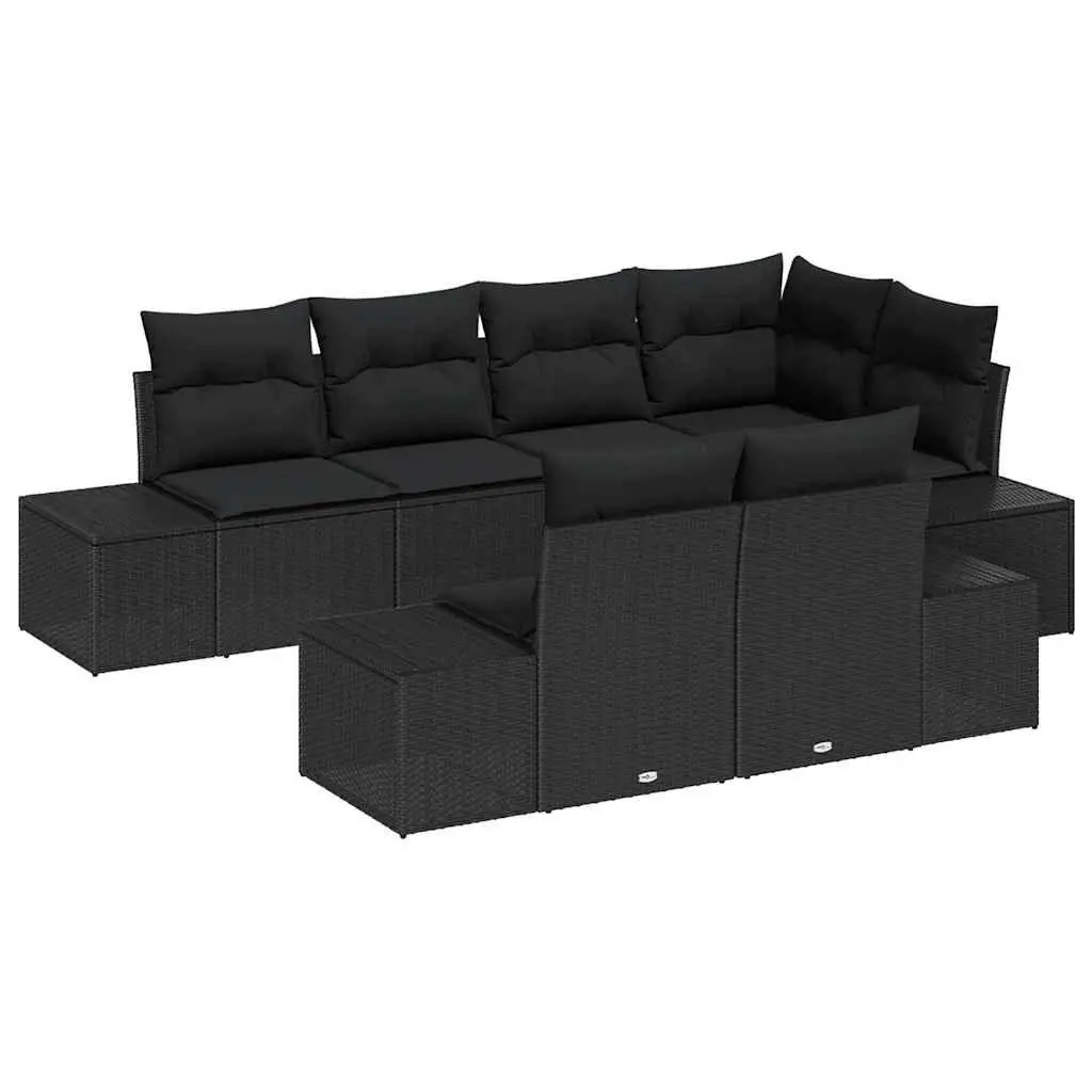 Modular Garden Sofa Set Poly Rattan 7 Pieces Black Acacia Wood Outdoor Seating