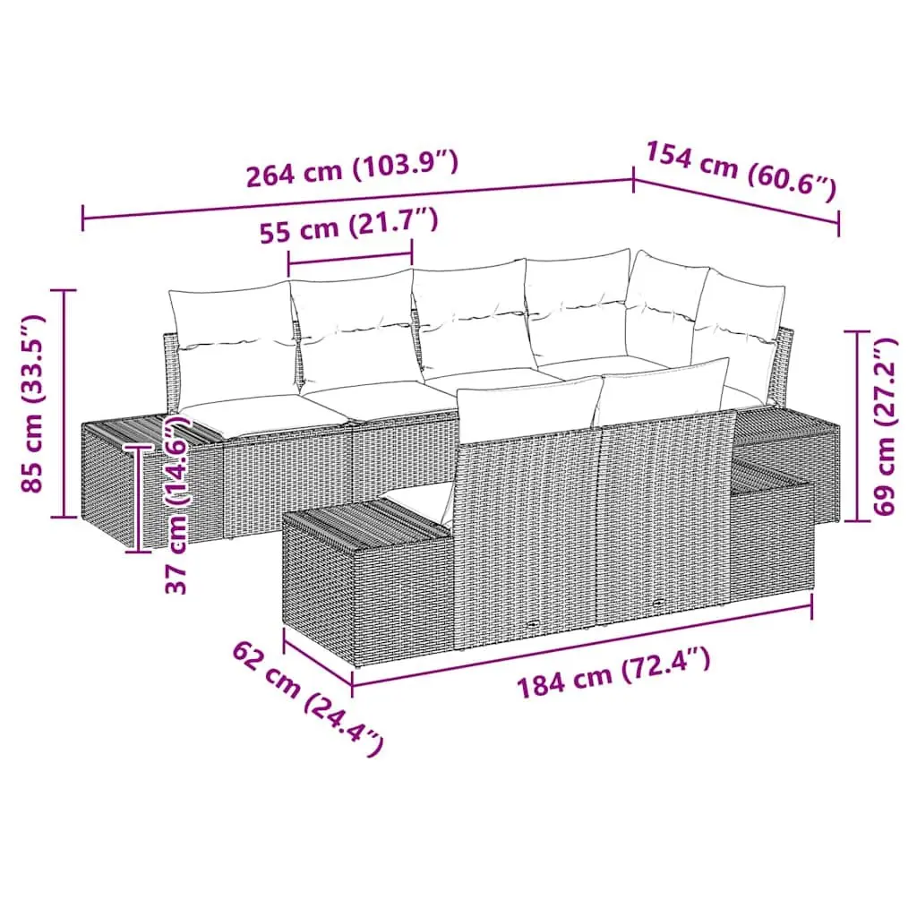 Modular Garden Sofa Set Poly Rattan 7 Pieces Black Acacia Wood Outdoor Seating