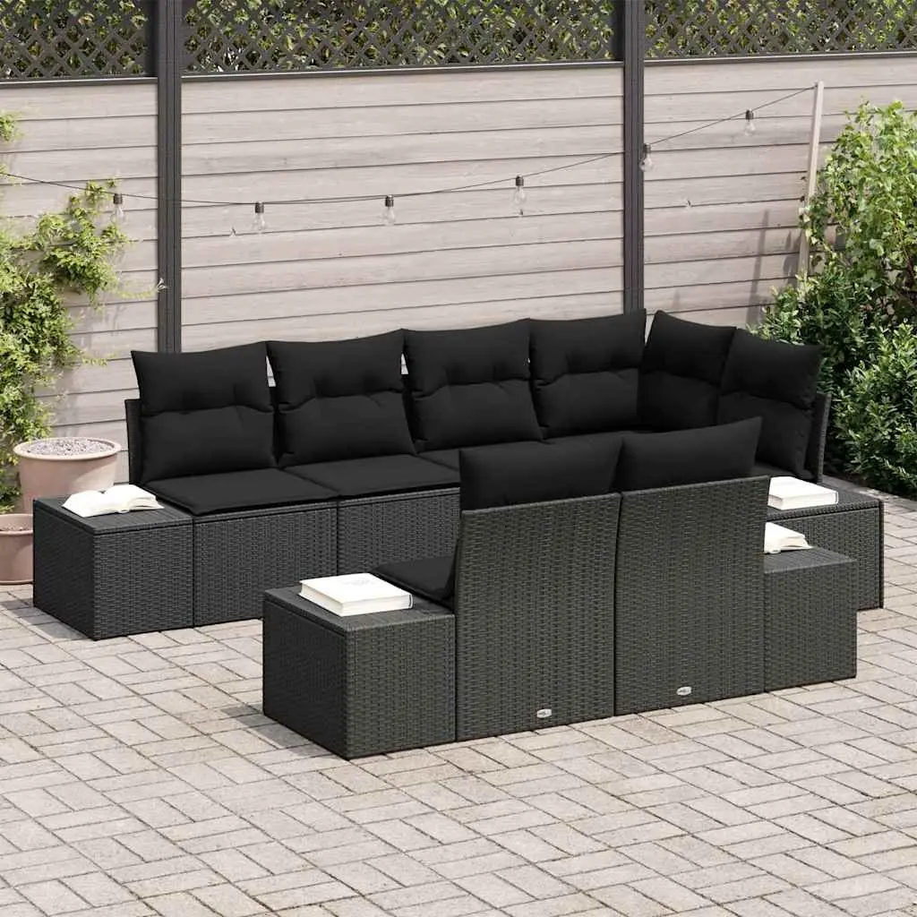 Modular Garden Sofa Set Poly Rattan 7 Pieces Black Acacia Wood Outdoor Seating