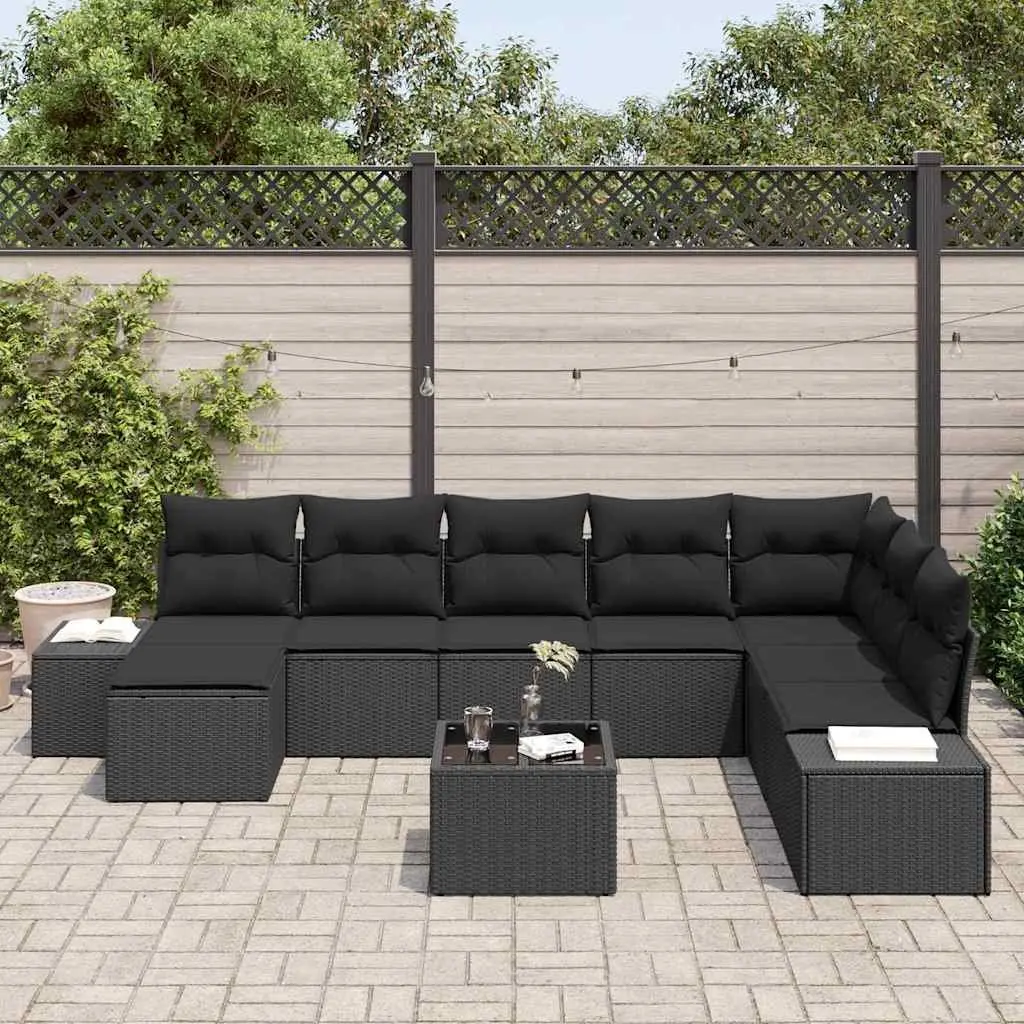 8-Piece Black Poly Rattan Garden Sofa Set
