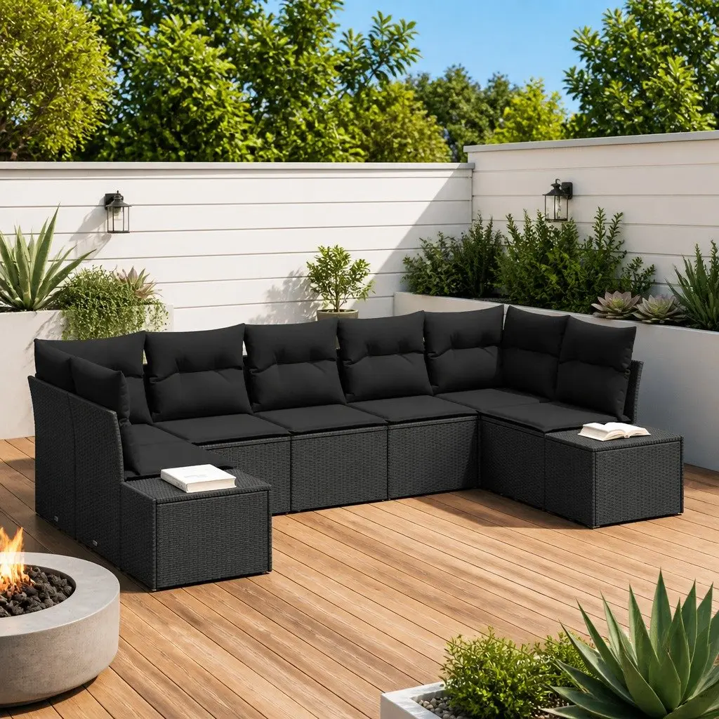 Modular Outdoor Garden Sofa Set Poly Rattan 7 Pieces Black