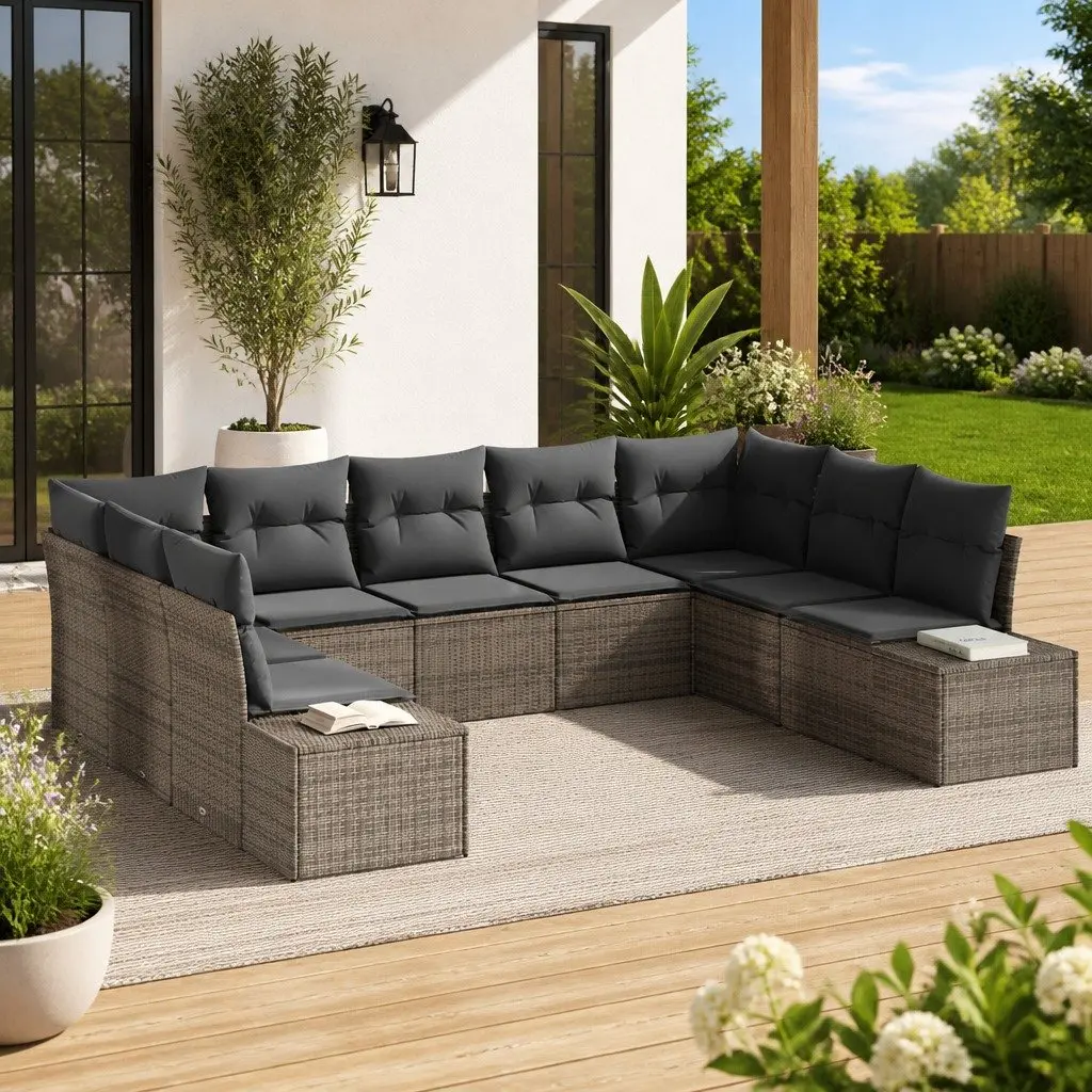 Garden Sofa Set Poly Rattan 9 Piece Grey with Cushions