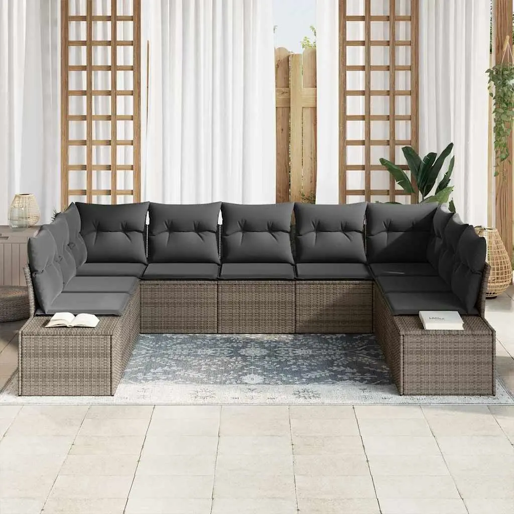 Garden Sofa Set Poly Rattan 9 Piece Grey with Cushions