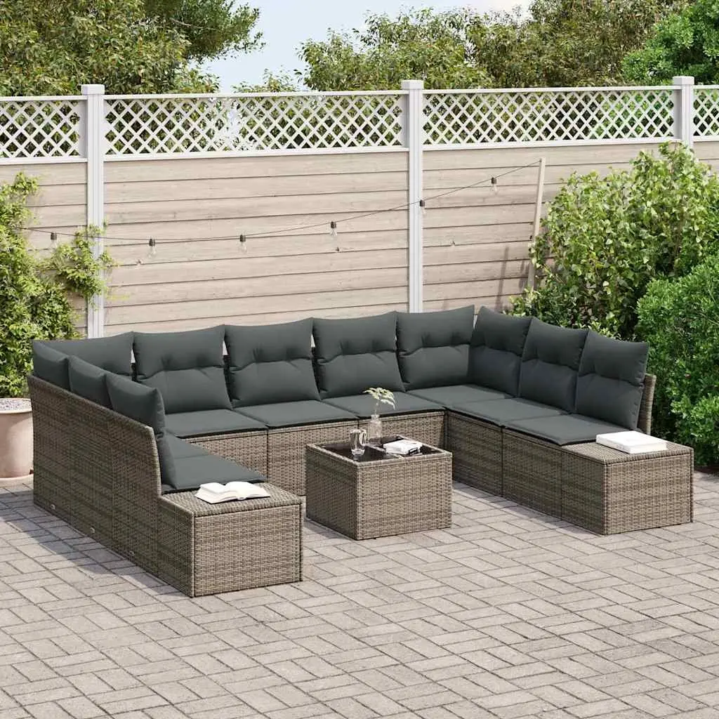 9-Piece Grey Poly Rattan Outdoor Sofa Set