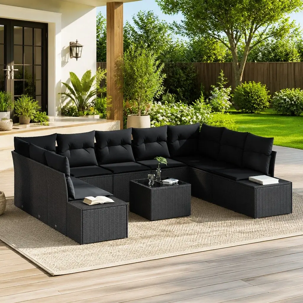 9-Piece Black Poly Rattan Garden Sofa Set
