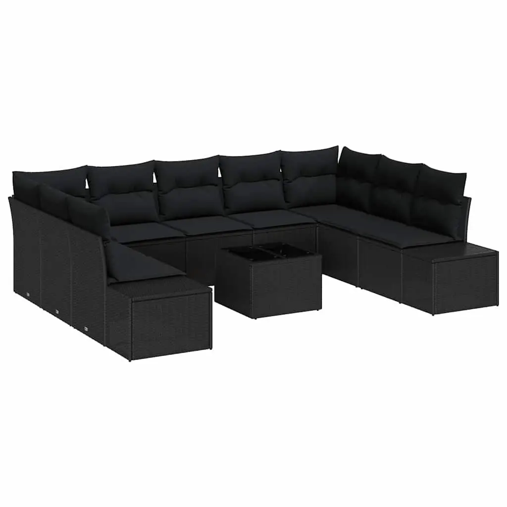 9-Piece Black Poly Rattan Garden Sofa Set