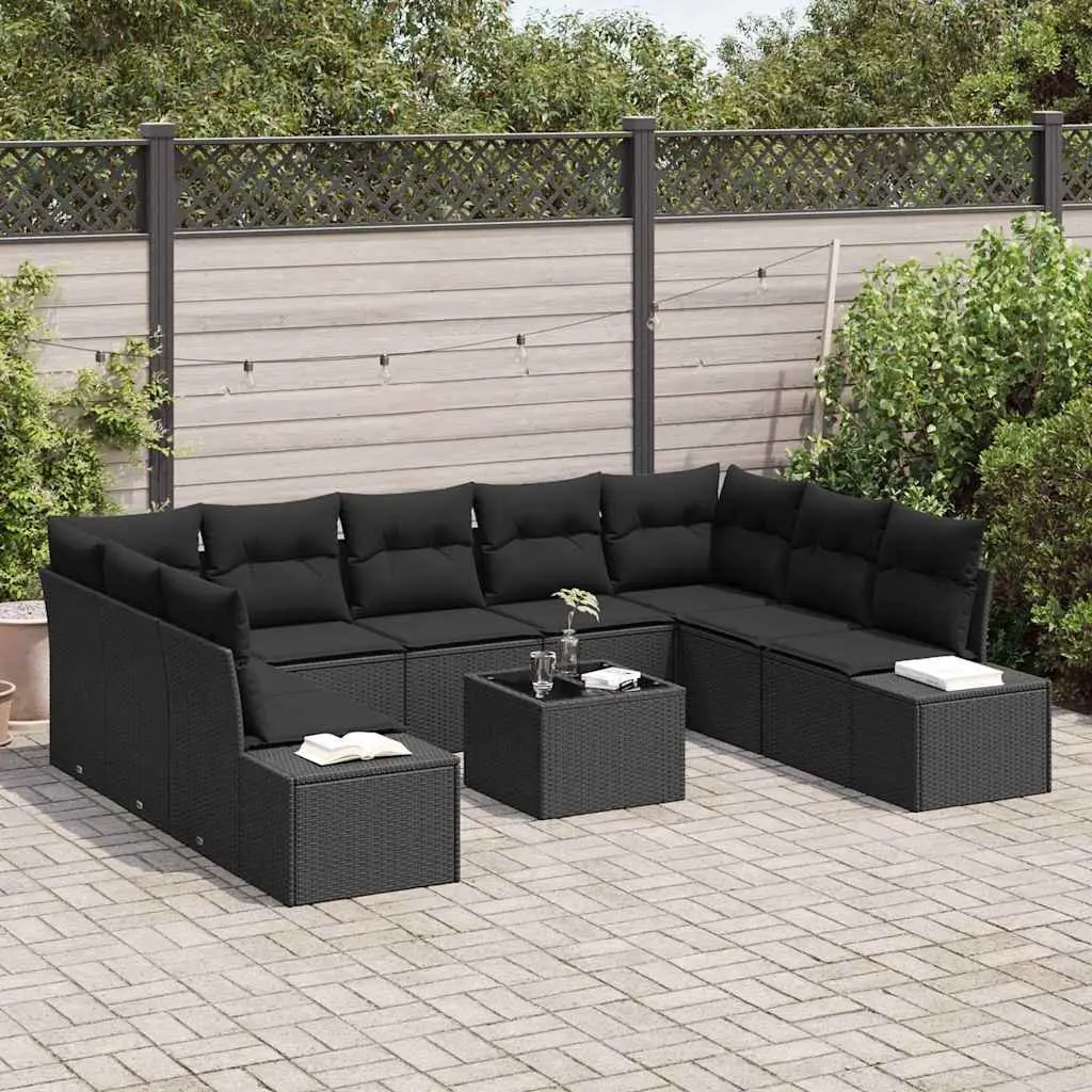9-Piece Black Poly Rattan Garden Sofa Set