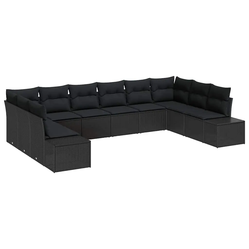 Modular Garden Sofa Set Poly Rattan Solid Acacia Wood Steel Frame 10 Pieces Black