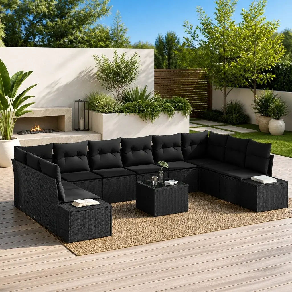 Modular Outdoor Garden Sofa Set 10 Piece Poly Rattan Solid Acacia Wood Steel Frame Black