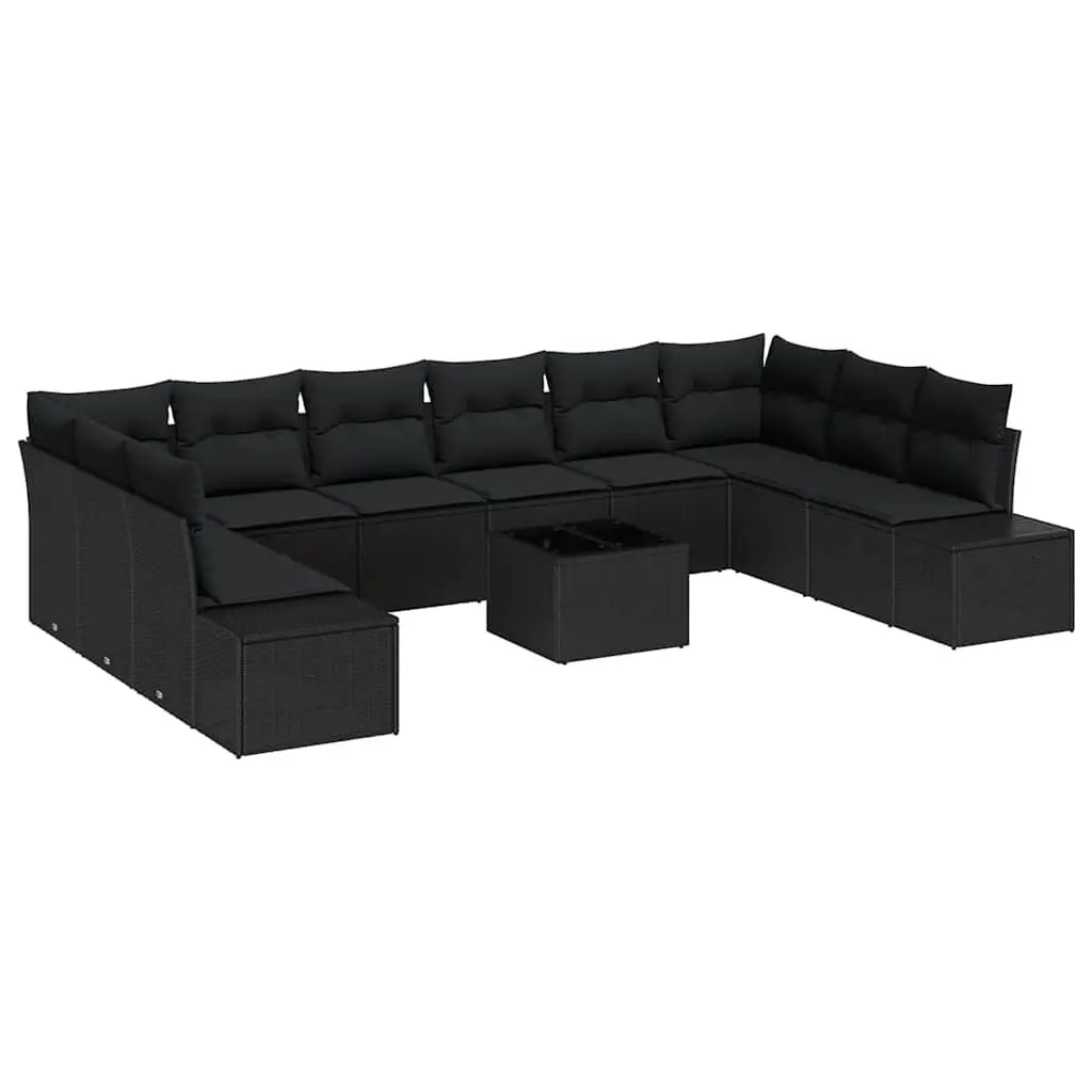 Modular Outdoor Garden Sofa Set 10 Piece Poly Rattan Solid Acacia Wood Steel Frame Black