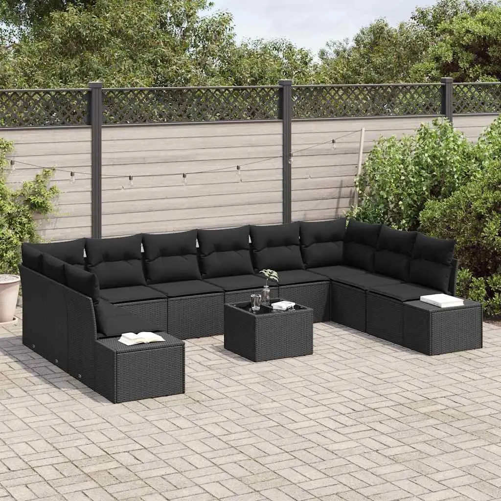 Modular Outdoor Garden Sofa Set 10 Piece Poly Rattan Solid Acacia Wood Steel Frame Black