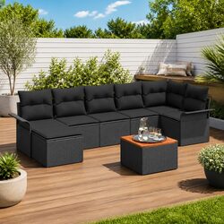 Outdoor Garden Sofa Set 8 Pieces Black Poly Rattan Modular Seating with Storage