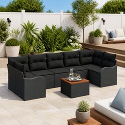 8-Piece Black Poly Rattan Garden Sofa Set