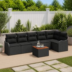 Modular 7-Piece Outdoor Sofa Set in Black Rattan and Wood