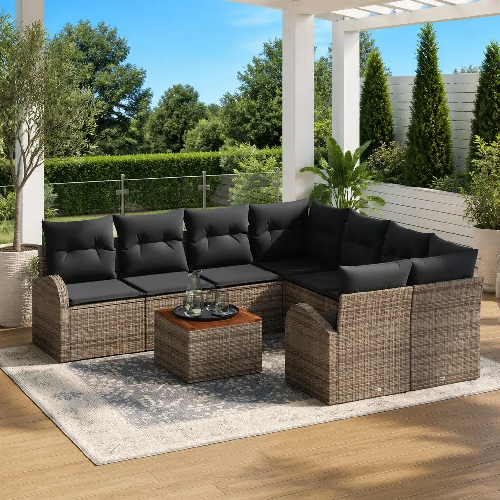 9-Piece Grey Poly Rattan Garden Sofa Set
